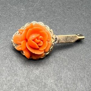 Vintage Rose Brooch Orange Coral Acrylic Gold Tone Flower Pin